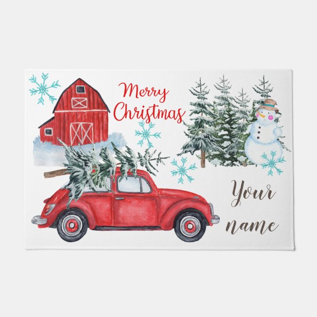 Red Car Christmas Door mat (Front)