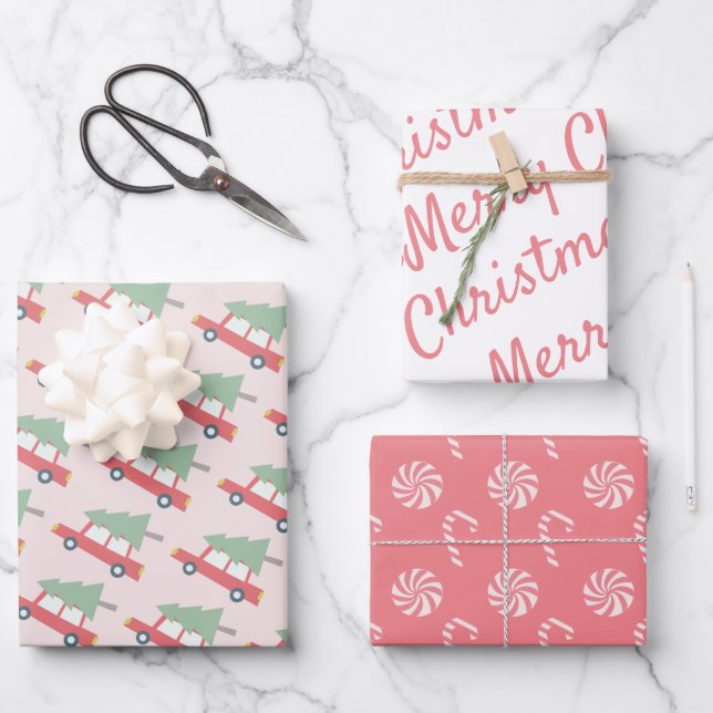 Red Car Christmas Tree Candy Pattern Pink Holiday Wrapping Paper Sheet (Front)