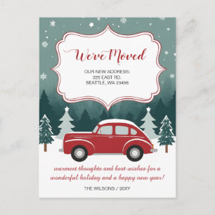 Red Car Christmas We've Moved Holiday Announcement Postcard