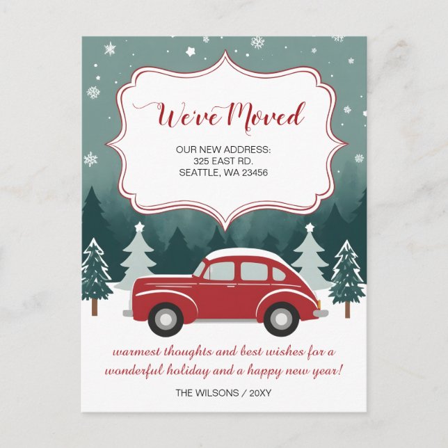Red Car Christmas We've Moved Holiday Announcement Postcard (Front)