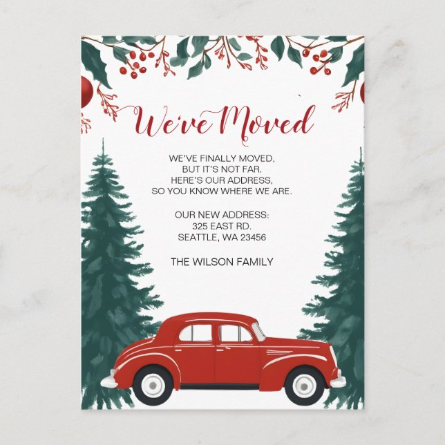 Red Car Christmas We've Moved Holiday Announcement Postcard (Front)