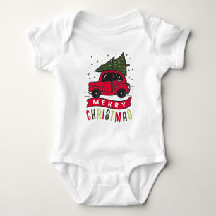 Red Car Merry Christmas Tree Colourful Funny  Baby Bodysuit