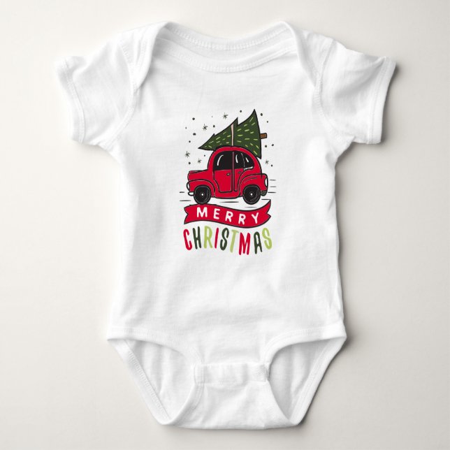 Red Car Merry Christmas Tree Colourful Funny  Baby Bodysuit (Front)