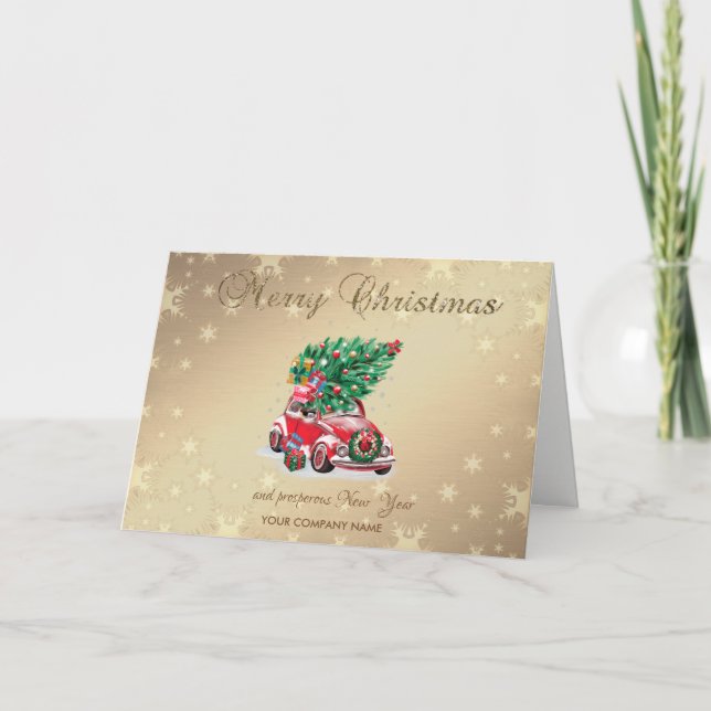 Red Car Pine Tree Present Merry Christmas Greeting Holiday Card (Front)