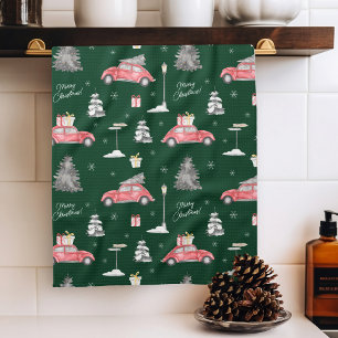 Red Car Winter Pattern Merry Christmas Green Tea Towel