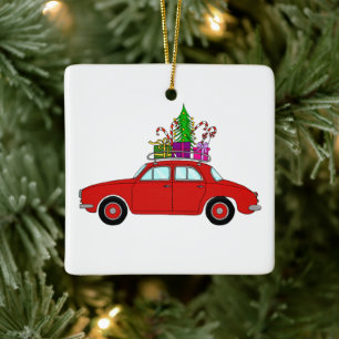 Red Car with Christmas Gifts Ceramic Ornament