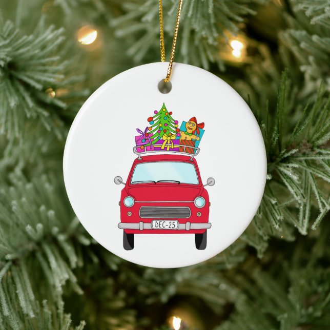 Red Car with Christmas Gifts Ceramic Tree Decoration (Tree)
