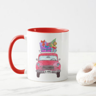 Red Car with Christmas Gifts Watercolor Mug