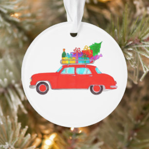 Red Car with Christmas Gifts Watercolor Ornament