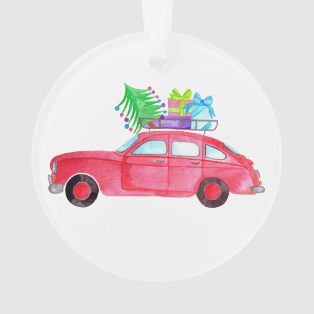 Red Car with Christmas Gifts Watercolor Ornament (Back)