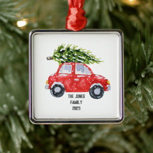 Red Car with Christmas Tree Atop - Personalise Metal Tree Decoration