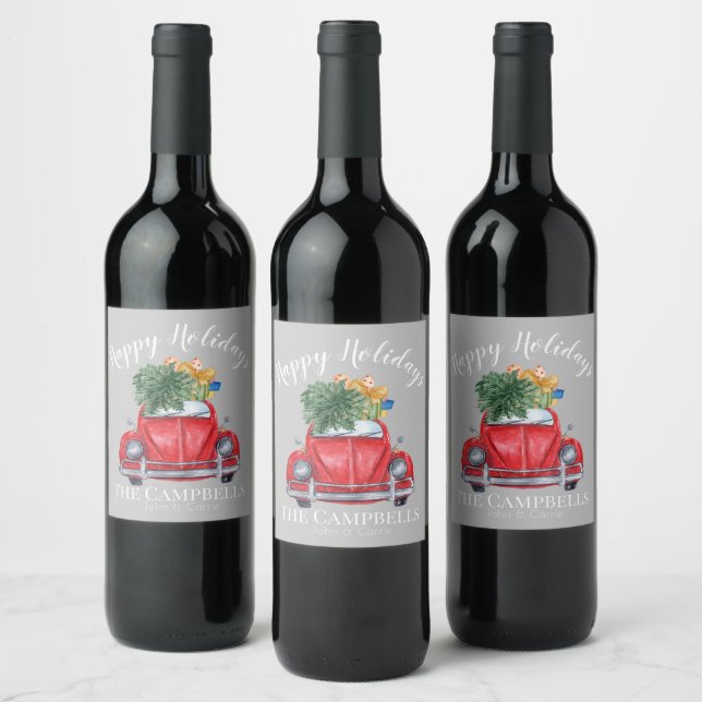 Red Car with Christmas Tree Customisable Wine Label (Bottles)