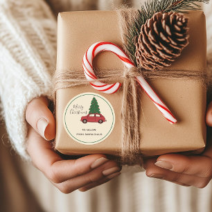 Red Car with Christmas Tree   Minimalist Vintage  Classic Round Sticker