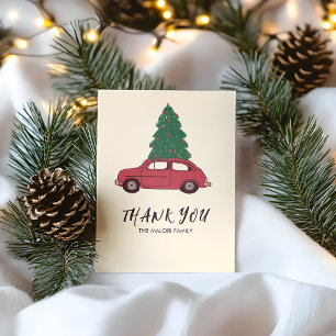 Red Car with Christmas Tree   Minimalist Vintage  Thank You Card