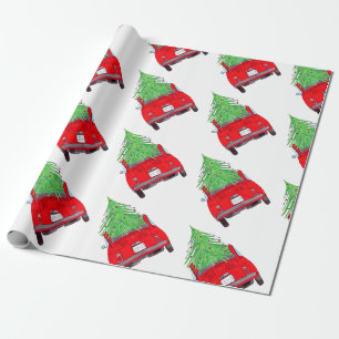 Red Car with Christmas tree Watercolor Wrapping Paper