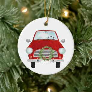 Red Car with Christmas wreath Ceramic Tree Decoration