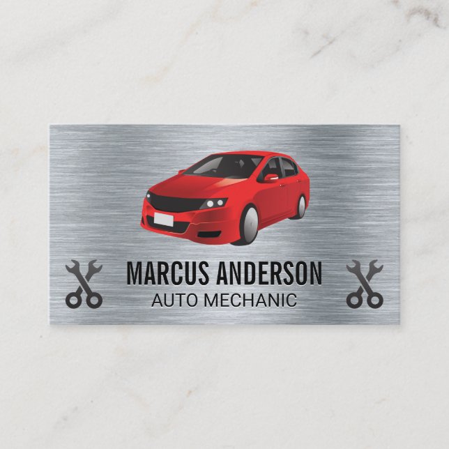 Red Car | Wrenches | Metallic Business Card (Front)