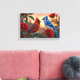 Red Cardinal and Blue Jay Vibrant Bird Canvas Print