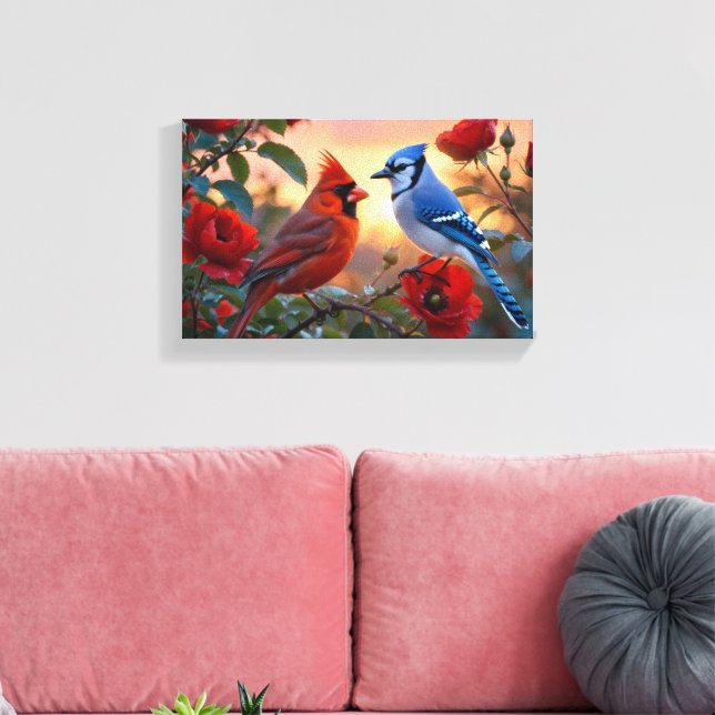 Red Cardinal and Blue Jay Vibrant Bird Canvas  Print (Insitu(LivingRoom))