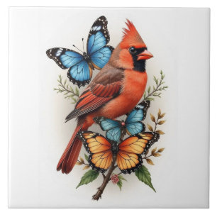 red cardinal and butterflies tile