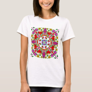 Red cardinal and Colourful Flowers Mandala T-Shirt