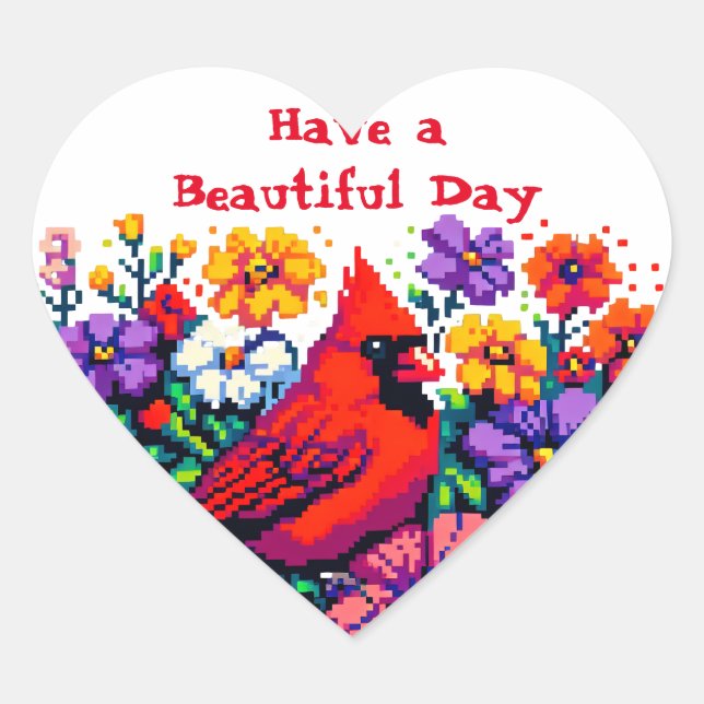 Red Cardinal and Flowers | Beautiful Day Heart Sticker (Front)