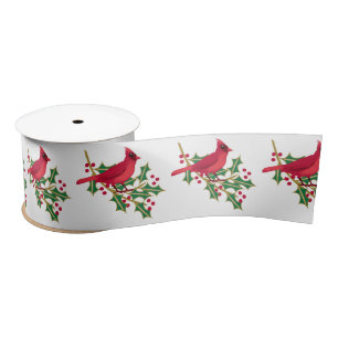 Red Cardinal and Holly Branch Pattern Christmas Satin Ribbon
