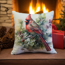 Red Cardinal And Holly Festive Throw Pillow