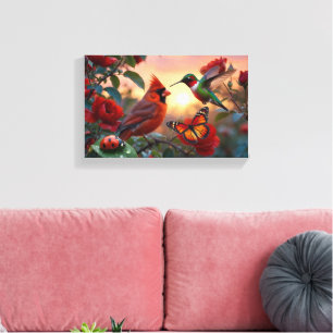 Red Cardinal and Hummingbird Vibrant Bird Canvas Print