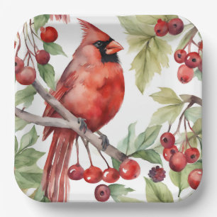 Red Cardinal and Red Berry Branch Christmas  Paper Plate