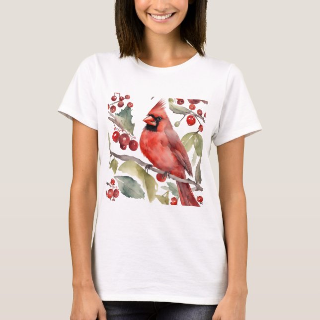 Red Cardinal and Wild Berries Christmas  T-Shirt (Front)