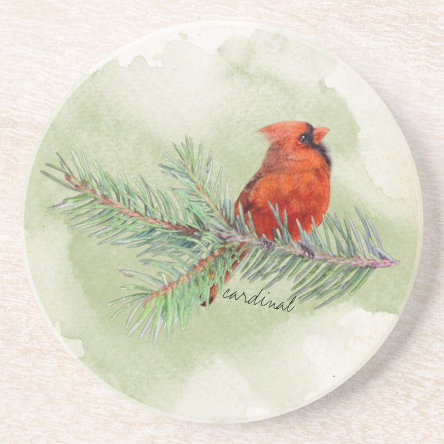Red Cardinal Beautiful Rustic Watercolor Coaster (Front)