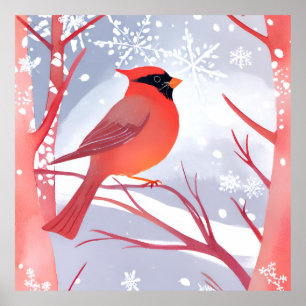 Red Cardinal Beautiful Watercolor Painting Poster
