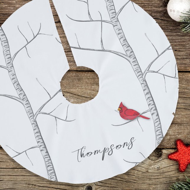Red Cardinal Birch Tree Winter Christmas Tree Brushed Polyester Tree Skirt (Red cardinal birds on birch tree Christmas tree skirt with rustic winter design)