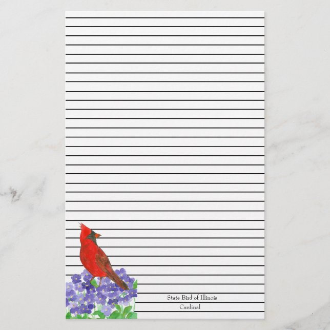 Red Cardinal Bird Black Lined Stationery (Front)
