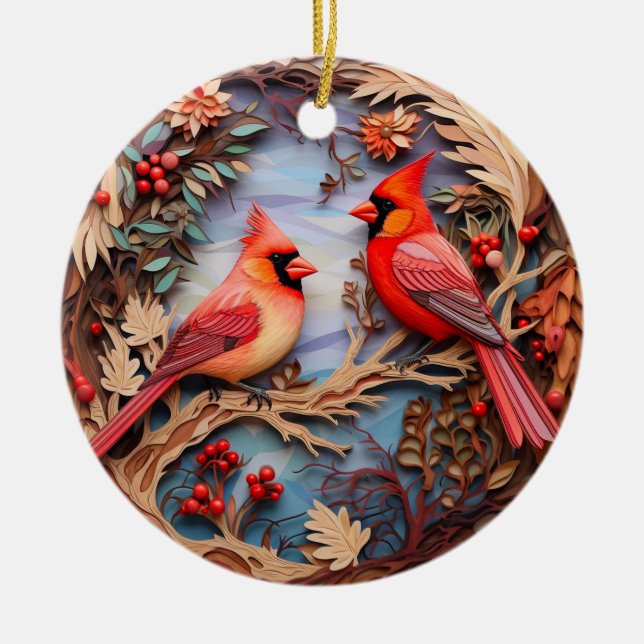 Red Cardinal Bird Christmas Personalised  Ceramic Tree Decoration (Front)