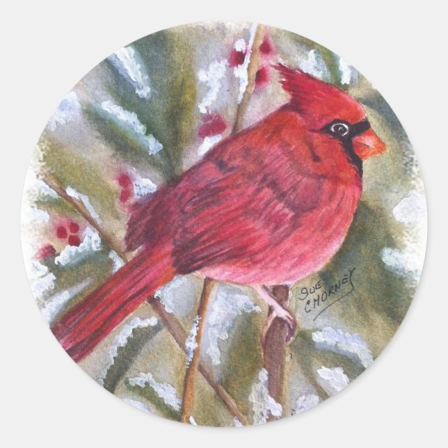 RED CARDINAL BIRD CLASSIC ROUND STICKER (Front)
