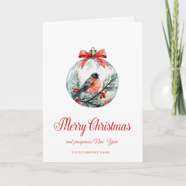 Red Cardinal Bird Holly Berry Ball Christmas Holiday Card (Front)