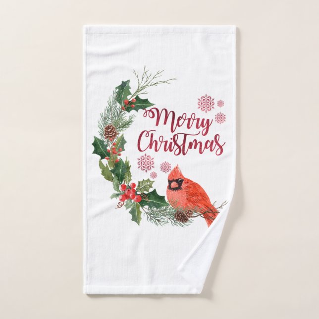 Red Cardinal Bird Holly Berry Christmas Bath Towel Set (Hand Towel)