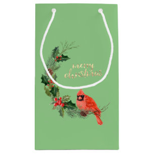 Red Cardinal Bird Holly Berry Christmas Small Gift Bag