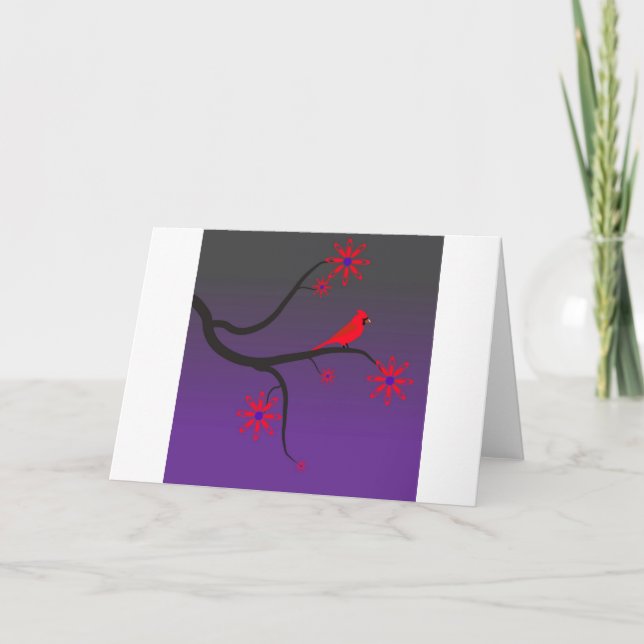 Red Cardinal bird in a tree on purple background. Card (Front)