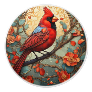 Red Cardinal Bird in an Art Nouveau Art Deco style Ceramic Knob