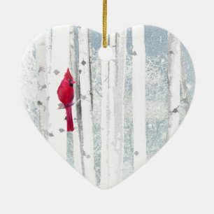 Red Cardinal Bird in beautiful snowy Birch Tree Ceramic Tree Decoration