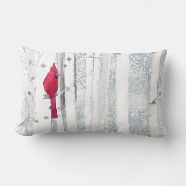 Red Cardinal Bird in beautiful snowy Birch Tree Lumbar Cushion (Front)