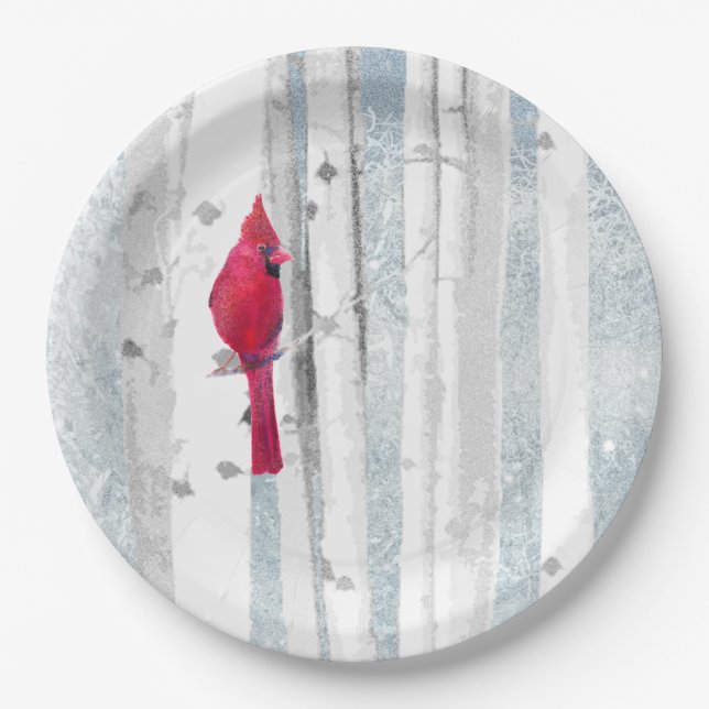 Red Cardinal Bird in beautiful snowy Birch Tree Paper Plate (Front)
