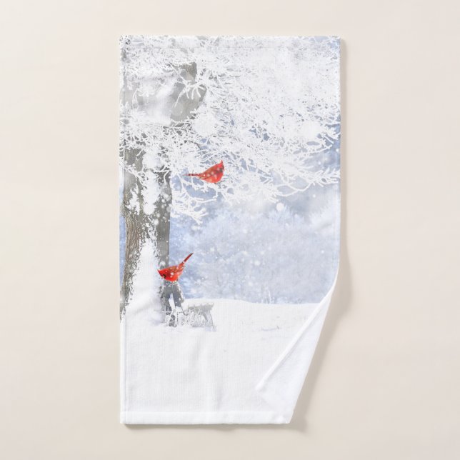 Red Cardinal Bird in beautiful snowy Tree Hand Towel (Hand Towel)