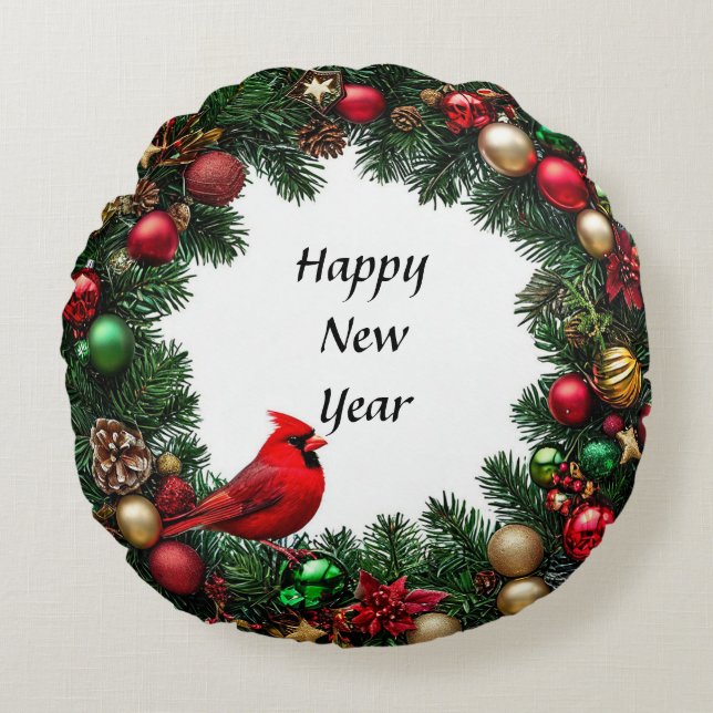 Red Cardinal Bird in Festive Decor Round Cushion (Front)