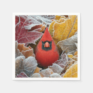 Red Cardinal Bird in Frosty Autumn Leaves Napkin