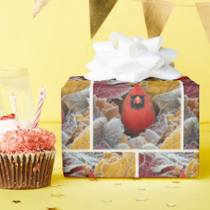Red Cardinal Bird in Frosty Autumn Leaves Wrapping Paper