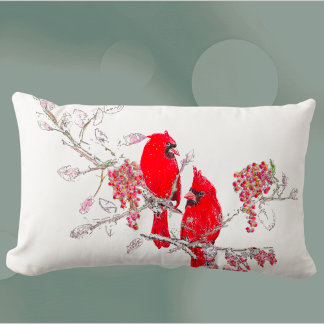 Red Cardinal Bird in Snow Lumbar Cushion